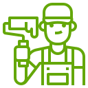 An icon of a person wearing a cap and sunglasses, holding a paint roller, indicating painting services or decorator at work.